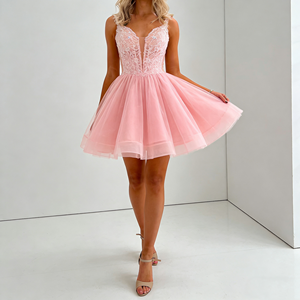 Robes <span class=keywords><strong>de</strong></span> soirée courtes en tulle rose poudré pour femmes, bretelles spaghetti, décolleté profond en dentelle, broderie, style cocktail - Product Image 3