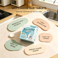 Tablettes de nettoyage biodégradables pour biberons, non toxiques, à action rapide, pour le nettoyage quotidien des biberons et de la vaisselle.