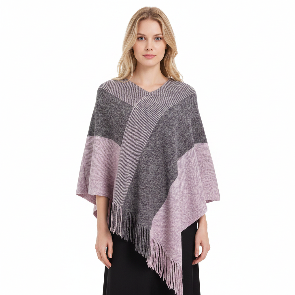 Factory Custom Women Sweater V-neck Striped Knit Cape Fashion Warm Tassel Women Knit Tippet High Quality Jacquard Women Wraps