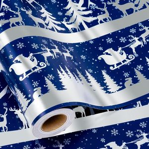 Christmas <b>Wrapping</b> <b>Paper</b> Roll 17 Inch X 33 Feet Blue Silver Sleigh Forest Scene Anti Curl Gift Craft Packaging - Product Image 1