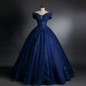 Navy Blue Off Shoulder Evening Gown Women Stage Performance Dress Solid Color Tutu Skirt Adult Size - Product Image 1