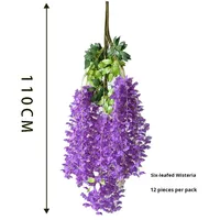 Tanaman rambat sutra buatan, tumbuhan bunga Wisteria 6 daun langit-langit Violet untuk pernikahan wisuda dalam ruangan luar ruangan, tanaman rambat dekorasi tahan lama
