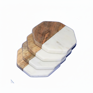 Posavasos de mármol blanco con madera de acacia para sus bebidas Bebidas Bar vasos Posavasos de mármol y madera a la venta - Product Image 1