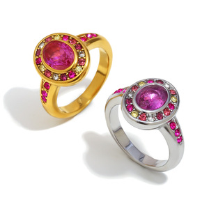 Women's 18K Gold Plated Cocktail <b>Ring</b> With Natural Oval Ruby Bezel Setting And Pink Gemstones Glam Engagement <b>Statement</b> <b>Ring</b> - Product Image 3