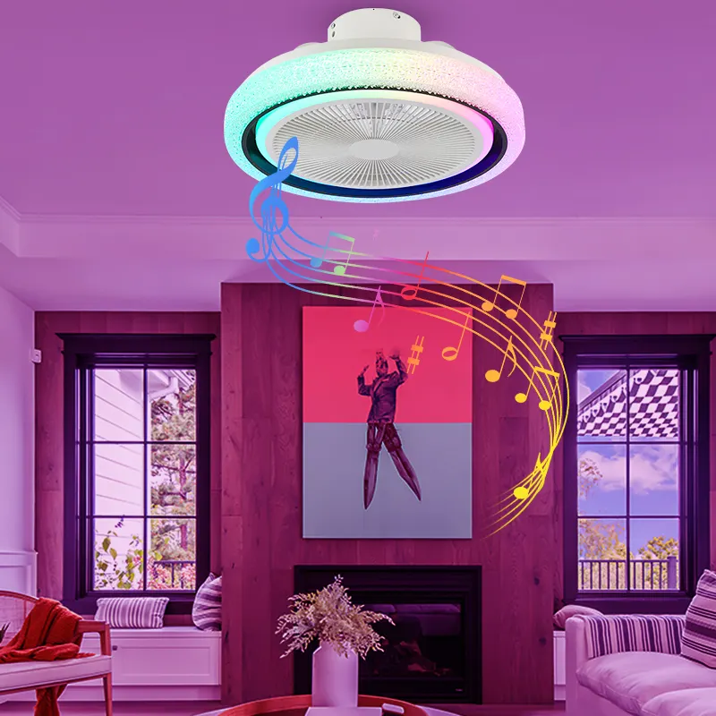 실내 침실 음악 앱 제어 RGB 색상 조도 조절이 가능한 DC 모터 스마트 LED 천장 팬 파란색 치아 스피커