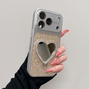 luxury Glitter Diamond Heart shaped Mirror stand Mobile phone <b>case</b> for <b>iPhone</b> 17 16 15 pro max shimmering holder Soft cover back - Product Image 3