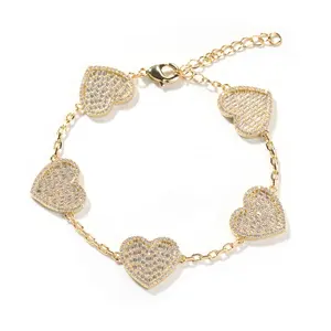 Hip Hop Jewelry Women Iced Out Gold Plated Diamond Heart Wrist Bracelet Adjustable Cubic Zircon Baguette Heart Tennis Bracelet