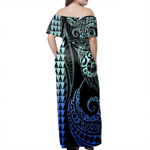 Robe longue à épaules dénudées <span class=keywords><strong>Tahiti</strong></span> bleu Hibicus blanc vente en gros robe à épaules dénudées par sublimation robe à volants <span class=keywords><strong>Polynésie</strong></span> personnalisée - Product Image 2