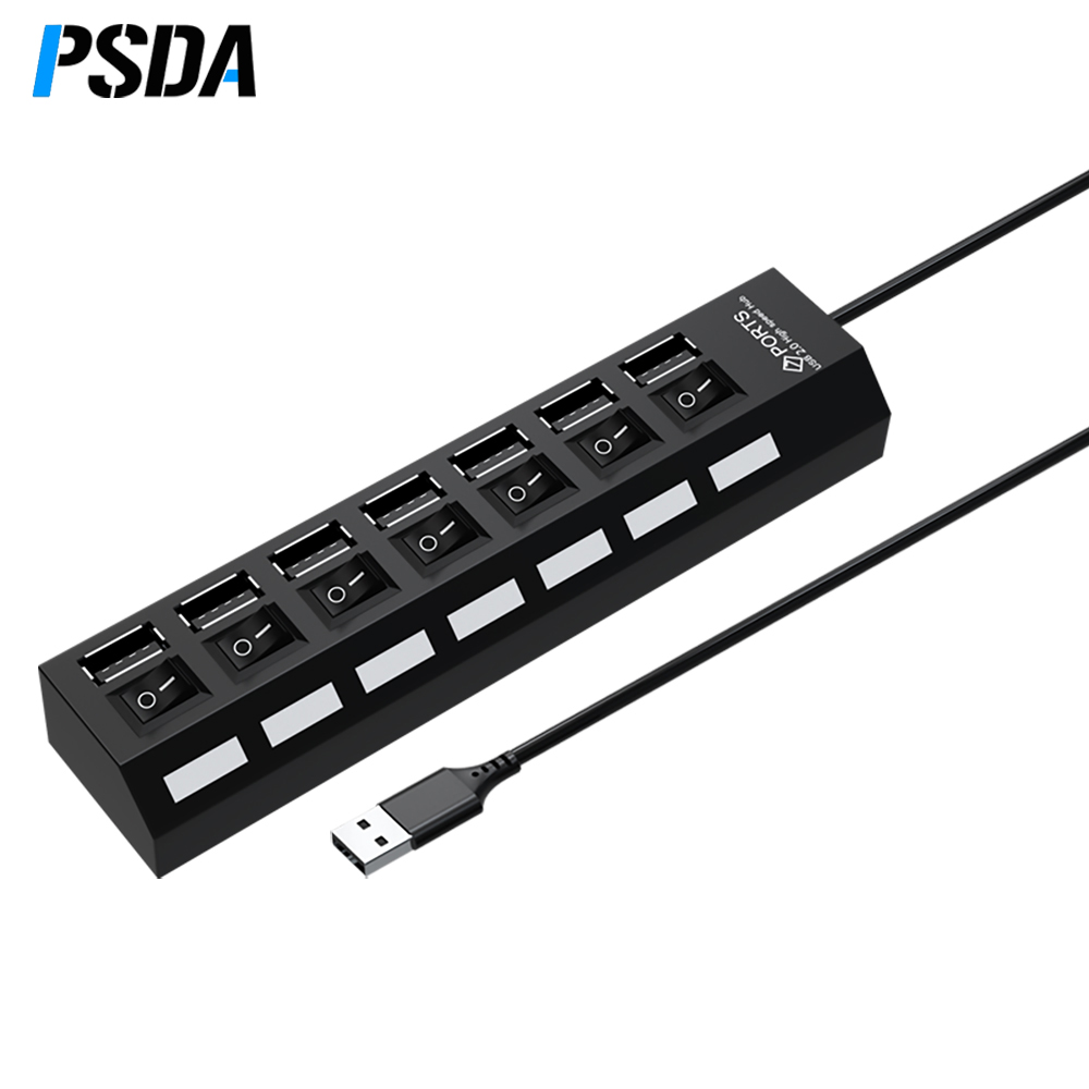 USB-концентратор PSDA, 4/7 портов, несколько USB-разветвителей с адаптером питания ВКЛ./ВЫКЛ., светодиодный расширитель для ПК, ноутбуков, компьютеров, аксессуары