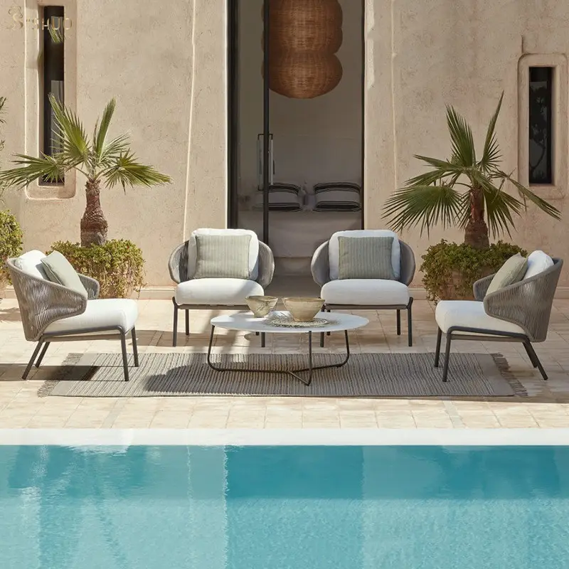 Moderno simples jardim ao ar livre piscina sofá mesa de chá combinação praia cadeiras tecidas rattan mobiliário moderno pátio mobiliário ao ar livre