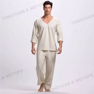 Camicia da <span class=keywords><strong>uomo</strong></span> con scollo a V e pantaloni da Yoga Casual pigiami da <span class=keywords><strong>uomo</strong></span> in lino di cotone - Product Image 5