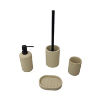 Ensemble d'accessoires de salle de bain effet travertin beige en gros : distributeur de savon, porte-brosse WC, gobelet et porte-savon pour la maison