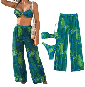 2025 New European and American Sexy Bikini Mesh Long <strong>Pants</strong> Three Piece Set Split Women's Swimsuit