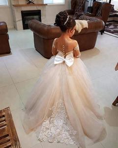 Vestidos de niña de las flores S465A para bodas, con cuello transparente, apliques de encaje y tul - Product Image 1