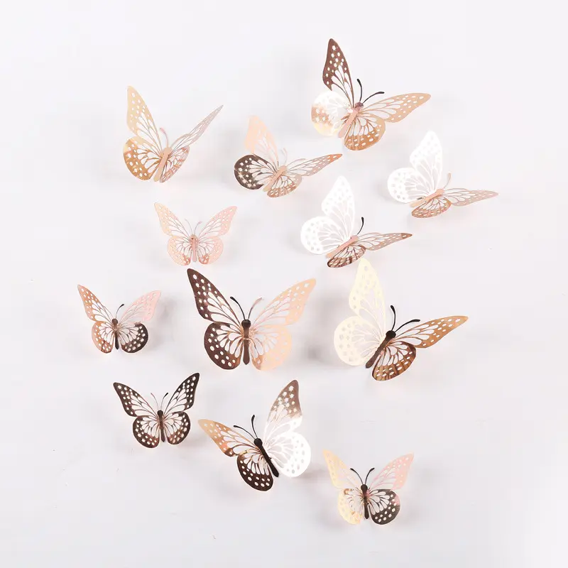 Gold Butterfly Decals Hollow-Out 3D Butterfly Stickers Glitter Art Murals for Wall or Party Decorations