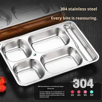 Assiette à repas rapide moderne minimaliste en acier inoxydable 304 épaissi, à quatre/cinq compartiments, carrée, profonde, à motif uni