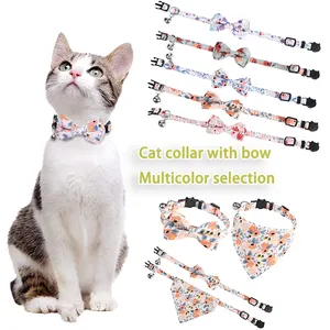 Adjustable 2 Pack Breakaway Buckle Cat Collar Bandana Set with Bell Scarf and Bow Tie for Puppy Small Dogs