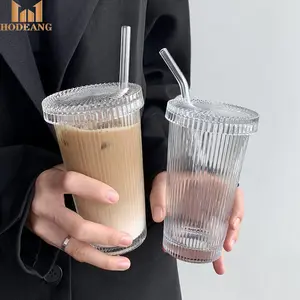 375毫升透明泡泡茶杯简单罗纹垂直条纹玻璃杯带盖和吸管