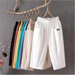 Harem Pants Women Cotton Linen Summer Loose Fit Mid Waist Cropped Breathable Solid Color Casual Pants - Product Image 2