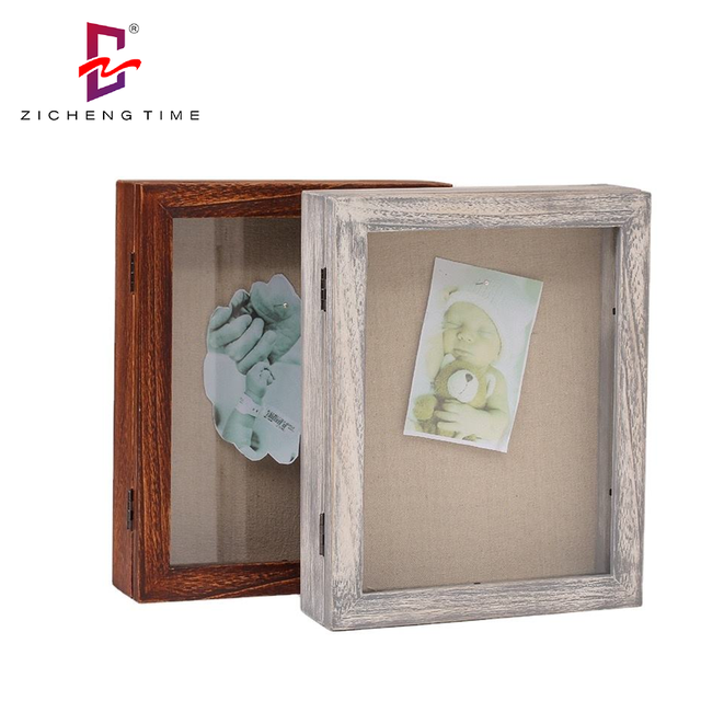 Wholesale Rustic Wood Shadow Box Frame Deep Display Case Linen Back Baby Keepsake Memory Box OEM Custom