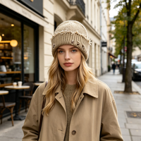Bonnet tricoté personnalisé avec logo, effet vieilli, 100 % acrylique, bordure effilochée et déchirée, chaud pour l'hiver, couleur unie, pour adulte