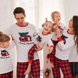 Conjuntos de Pijamas Navideños Familiares al por Mayor, Pantalones a Cuadros, Camisas Blancas, Pijamas Navideños para Bebés y Niños, Ropa de Dormir Navideña para Mujer - Product Image 1