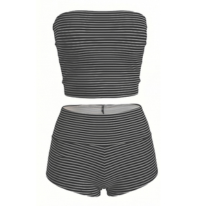 Viviblook D26ST116 Women Summer <b>Set</b> Sexy Striped Strapless Sleeveless Crop Top High Waisted Folded Waist Shorts Two Pieces <b>Set</b> - Product Image 5