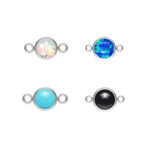Vintage Synthetic Opal Stone Charms 925 Sterling Silver Bezel Setting Permanent Jewelry Connectors