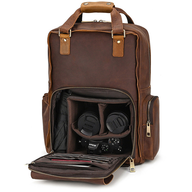 Outdoor Photography Backpack Genuine Leather DSLR Camera Bag with Zipper Closure Detachable Liner Breathable Durable Design Bag
