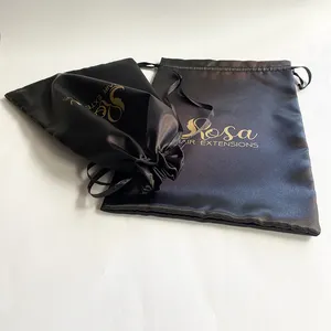 Logotipo personalizado cabelo extensões peruca armazenamento sacos cordão preto cetim seda saco para cabelo pacote embalagem
