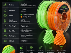 Filamento PLA PINRUI que Brilla en la Oscuridad, 1.75mm, Arcoíris Cristalino, Filamento para Impresora 3D, Verde Fluorescente y Naranja para Bambu Lab y Creality - Product Image 5
