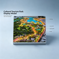 Maquette de parc industriel de tourisme culturel avec bâtiments, zone aquatique, routes, ceinture verte, ceinture lumineuse et zones fonctionnelles