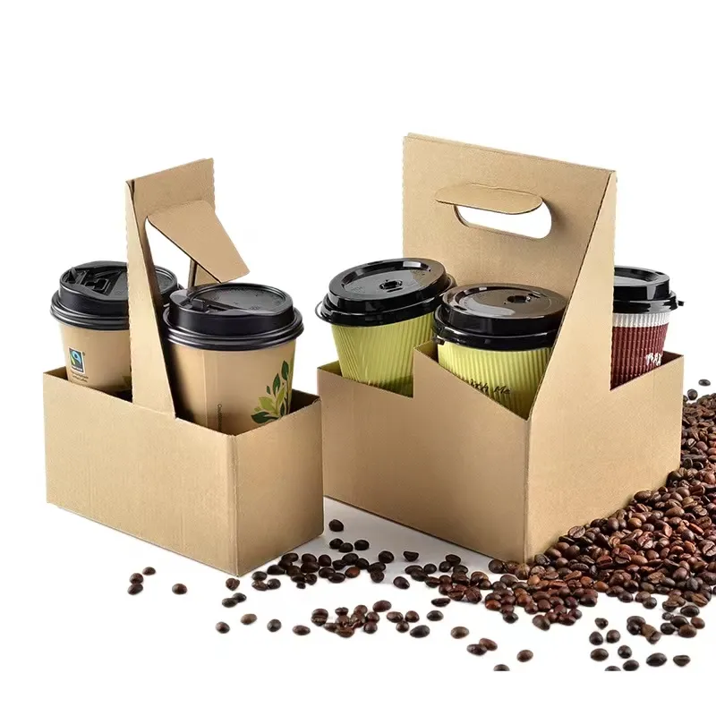 Aangepaste Biologisch Afbreekbare Opvouwbare Stansen 2 3 4 Kopjes Kraftpapier Handvat Doos Voor Koffiesap
