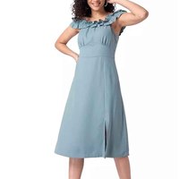 Robe midi personnalisée pour fabricants de vêtements, en satin bleu uni, infroissable, à fente haute, épaules dénudées et volants, collection Printemps-Été-Automne