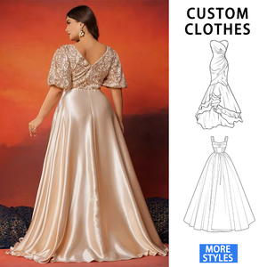 Abito da <span class=keywords><strong>sera</strong></span> di lusso in raso color champagne, taglie forti da donna, modello A-line con maniche a sbuffo, ricamato, lungo, per la <span class=keywords><strong>madre</strong></span> della sposa - Product Image 2