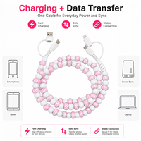 Câble de charge USB Type C 4 en 1 à carreaux roses et blancs avec perles, cordon de transfert de données multi-charge, accessoire de mode