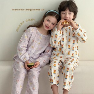 Pijamas de manga larga de gasa de punto de algodón puro con patrón de dibujos animados para mujeres, hombres, niños, cintura elástica, tallas medianas y grandes para el hogar - Product Image 1