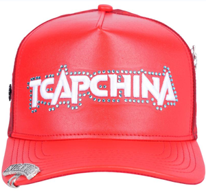 Casquette de camionneur en cuir à 5 panneaux TCAP Chine avec logo en strass et broche de casquette - Product Image 1