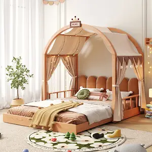 Custom Wooden House Children Bedroom Furniture Cotton Extendable Canopy Kids Beds