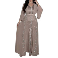 Ensemble Abaya 2 Pièces Modeste pour Femme en Polyester, Élégant avec Strass, Gilet Kaftan en Mousseline, Robe Longue Maxi Décontractée Coupe A-line, ODM