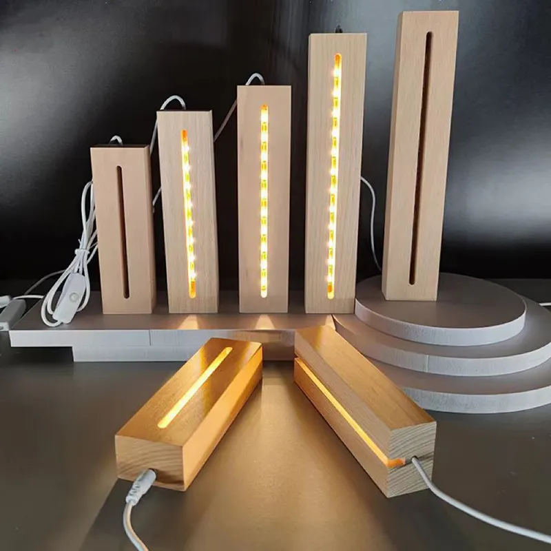 Rectangular Wooden Led Lights Display Base Stand 3D Plexiglass Lamp Holder with USB Cable for Acrylic Night Lights Resin Art DIY