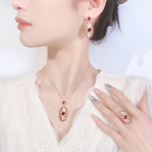 Wholesale Eco-friendly Copper 5*7mm Red Zircon Designer Vintage Necklace Earrings <b>Ring</b> Set Bridal Jewelry Set for Wedding - Product Image 6