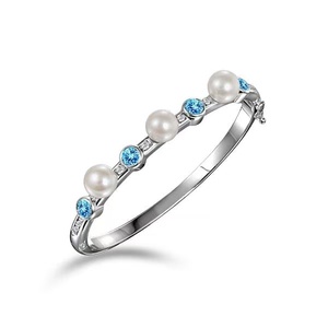 <strong>925</strong> Sterling Silver Charming Natural Blue Topaz &amp; Pearl Bangle Bracelet Bezel Blue Topaz <strong>Braclets</strong> - Product Image 1