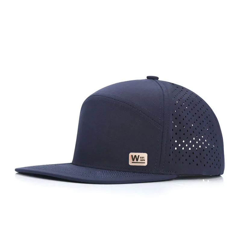 Progetta il tuo Logo Patch in gomma di alta qualità 7 pannello cappello con foro tagliato al Laser in poliestere Unisex cappellino Snapback