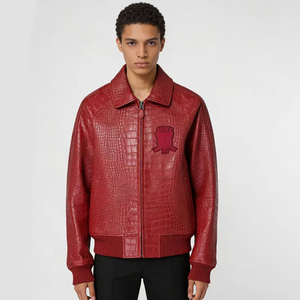 thumbnail image 2 of Men’s Asymmetric Zipper Maroon Faux Leather Jacket 2 of 10