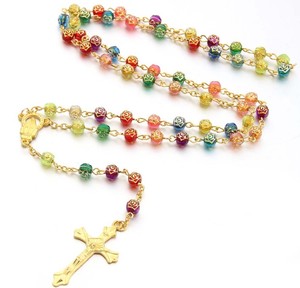 Hot Stamping <strong>Silver</strong> Rose <strong>Beads</strong> Small Cross Necklace Christian Catholic <strong>Rosary</strong> BeadJewelry - Product Image 4