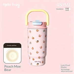 Women Stylish <b>Large</b> Handheld Insulated Coffee <b>Mug</b> Ceramic Liner Dual Drink Straw Water Bottle - Product Image 6