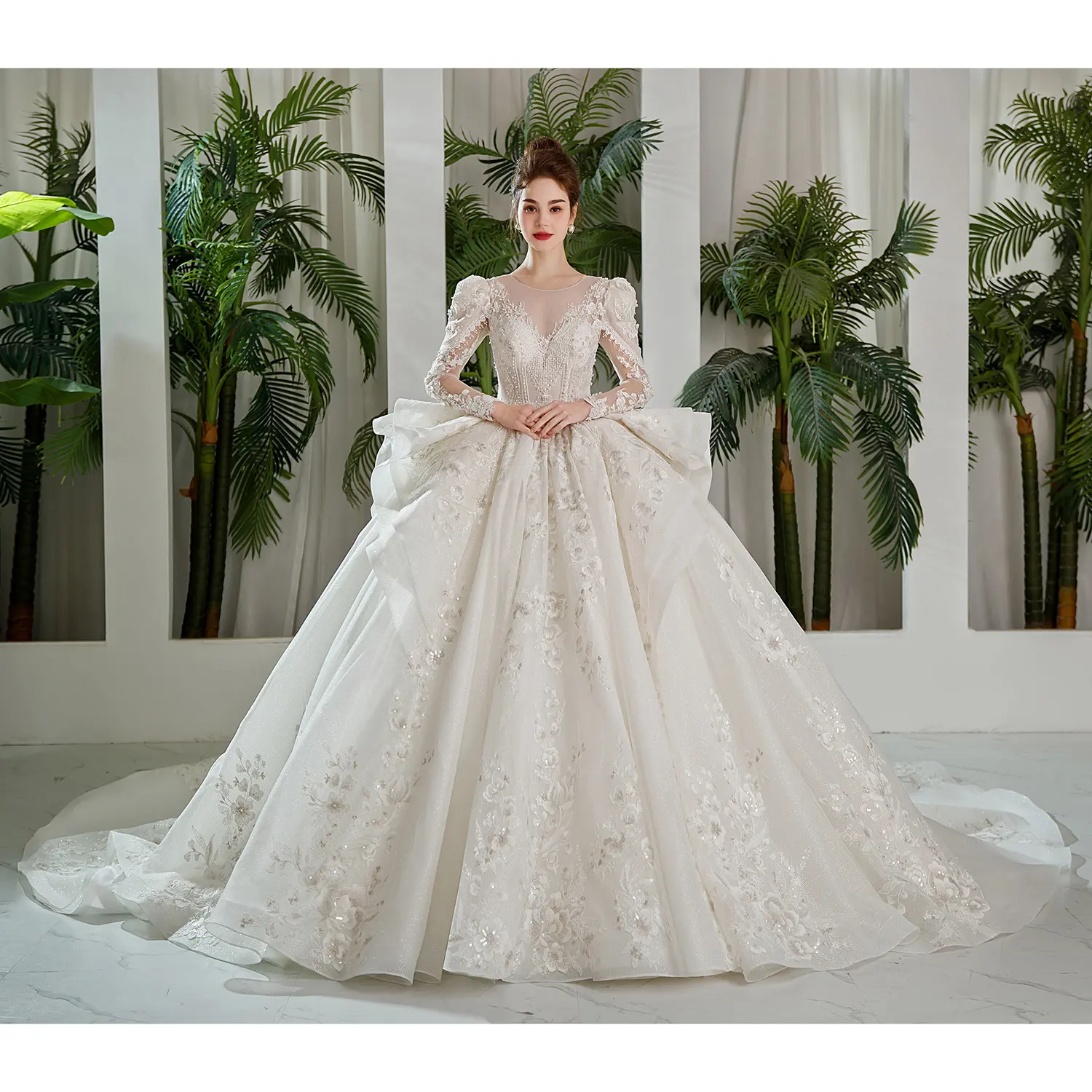 SL9196 church vintage ball gown wedding dress for bride ruffled skirt appliques illusion long sleeve sequins bridal dresses