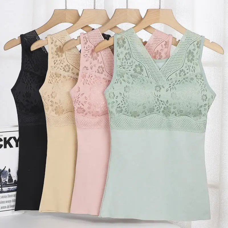 Wholesale Sexy Lace Plus Size Autumn Winter Thermal Underwear Tank Tops Sleeveless Removable Bra Women Camisole Vest