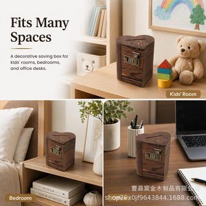Hucha de madera con forma de corazón, caja de almacenamiento de monedas con cerradura, tarro decorativo para dinero, para habitación de niños, dormitorio, escritorio de oficina - Product Image 1